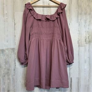 Adobe Lane Pink Ruffle Neckline Smocked Long Sleeve Gauze Mini Dress Size XL